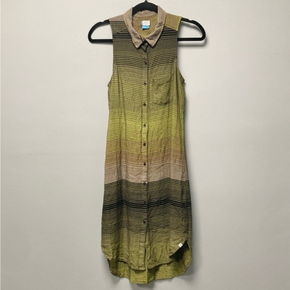 Kavu Brighton Sleeveless‎ Button Front Stripe Shirt Dress Green Tan Size Small